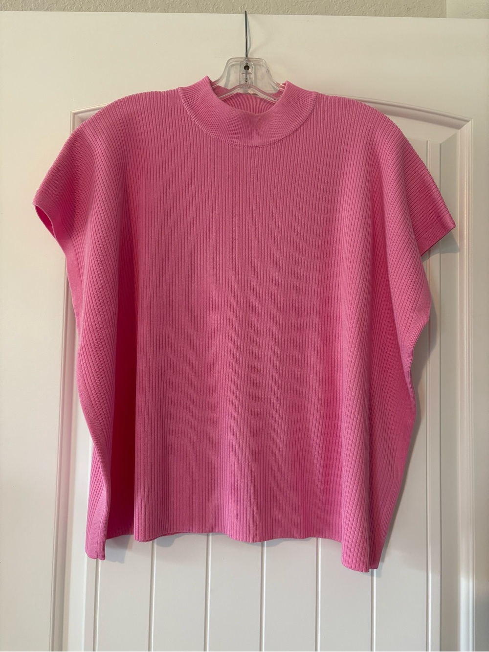 Zenana Barbie Pink Ribbed Mock Neck Poncho Sweater Medium